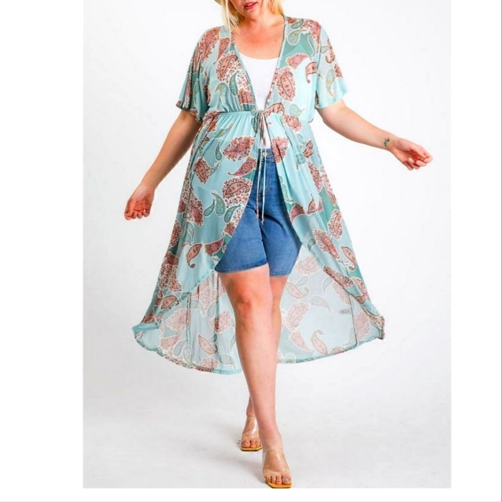 Story teller short sleeve paisley pattern kimono with waist tie, large